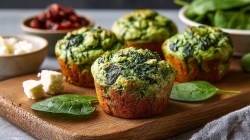 A wooden board with several spinach and tuna muffins placed on it. There are also spinach leaves and feta cubes scattered around. In the background, you can see plates or bowls with feta, sundried tomatoes, and spinach.