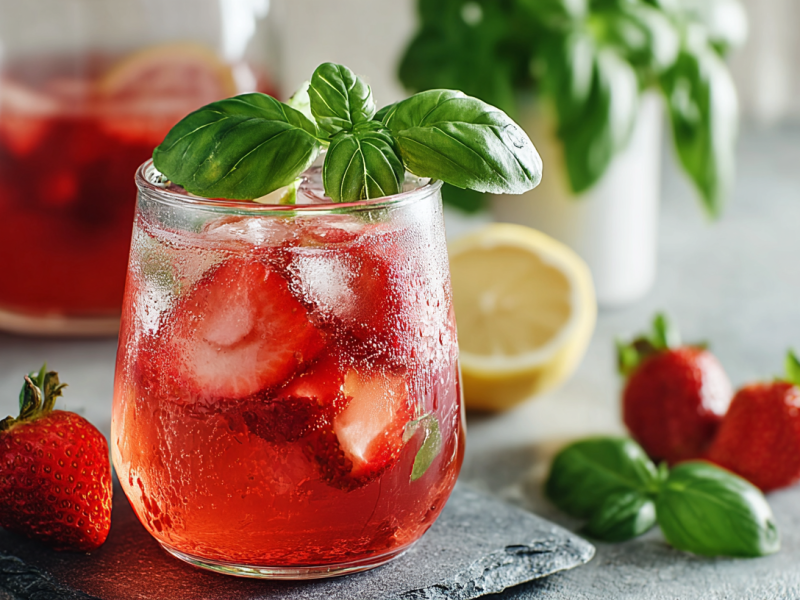 A glass of strawberry basil lemonade with ice cubes.