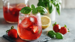 A glass of strawberry basil lemonade with ice cubes.