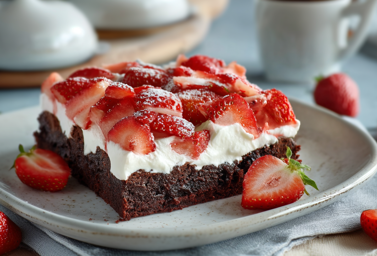 A piece of strawberry brownie cake on a gray plate. A few strawberries are scattered around it. In the background you can see small serving bells and a cup.