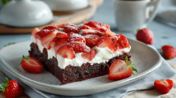 A piece of strawberry brownie cake on a gray plate. A few strawberries are scattered around it. In the background you can see small serving bells and a cup.