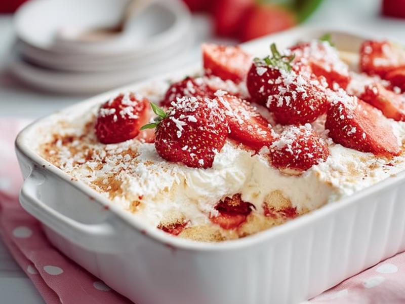 Strawberry Coconut Tiramisu, served in a baking dish. One piece has already been taken out.