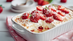 Strawberry Coconut Tiramisu, served in a baking dish. One piece has already been taken out.
