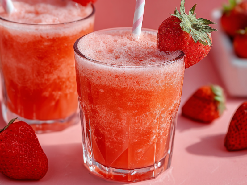 Two glasses of strawberry gin fizz with straws. Individual strawberries lie around as decoration.