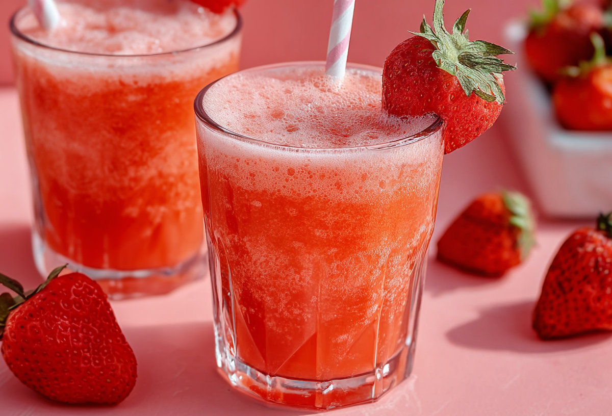 Two glasses of strawberry gin fizz with straws. Individual strawberries lie around as decoration.
