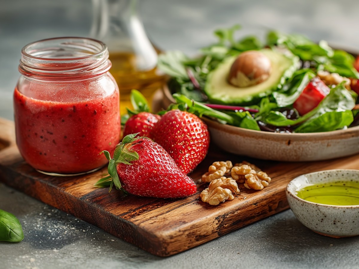 A wooden board on which a small glass jar full of strawberry vinaigrette stands. In front of it are some fresh strawberries. Next to it is a plate of salad on the board. In front of the board is a small bowl of olive oil. Basil leaves are also scattered around.