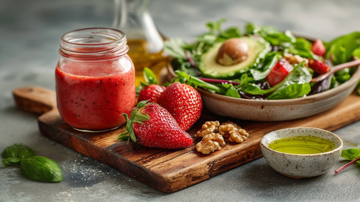 A wooden board on which a small glass jar full of strawberry vinaigrette stands. In front of it are some fresh strawberries. Next to it is a plate of salad on the board. In front of the board is a small bowl of olive oil. Basil leaves are also scattered around.