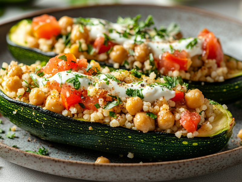 Two halves of stuffed zucchini with couscous, tomatoes, and chickpeas on a plate, garnished with yogurt and chopped herbs.