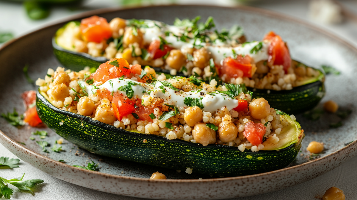 Two halves of stuffed zucchini with couscous, tomatoes, and chickpeas on a plate, garnished with yogurt and chopped herbs.