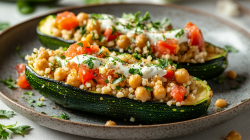 Two halves of stuffed zucchini with couscous, tomatoes, and chickpeas on a plate, garnished with yogurt and chopped herbs.