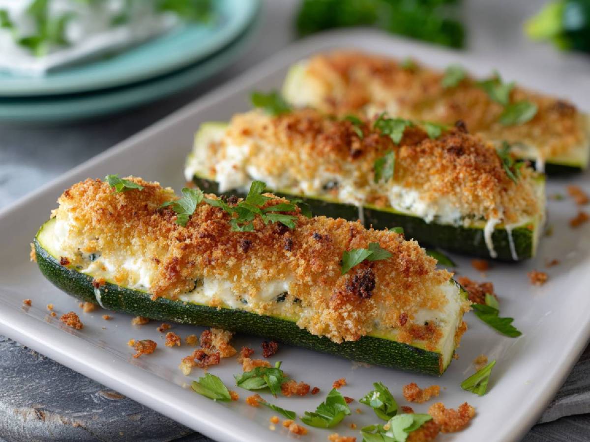 Plate with stuffed zucchini with goat cheese and panko topping
