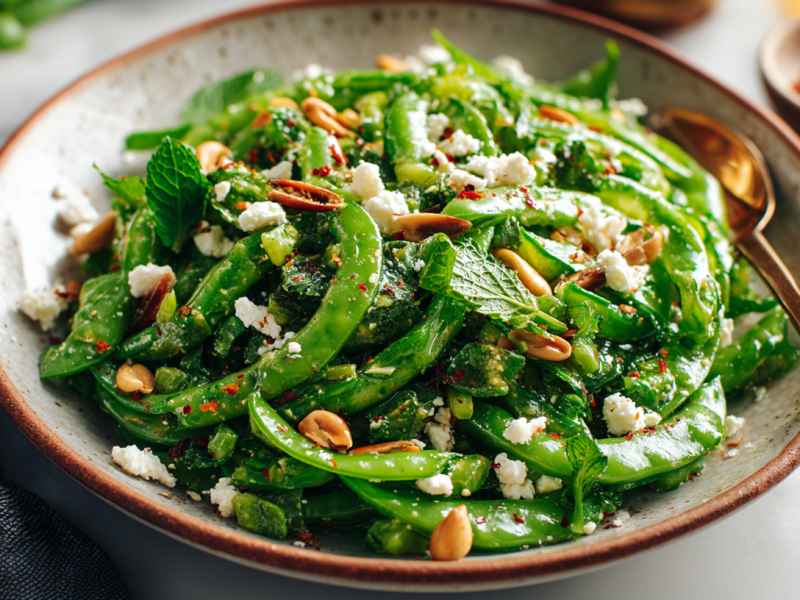 Sugar snap pea salad with feta in a salad bowl.