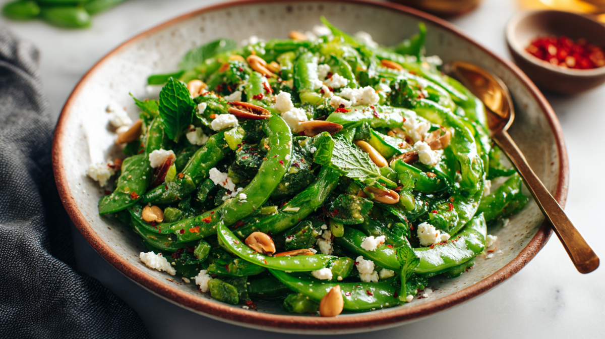 Sugar snap pea salad with feta in a salad bowl.