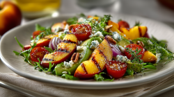 A summer salad with grilled peaches on a ceramic plate. The plate is on a kitchen towel. In the background you can see another peach and a bottle of oil.