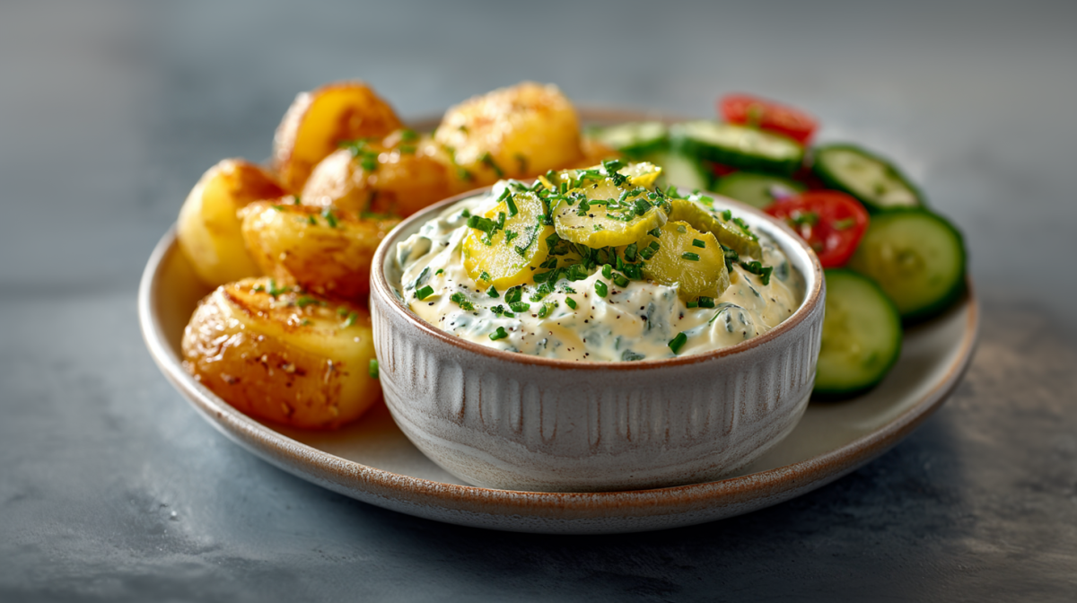 A plate with a bowl of sweet gherkin pickle dip, potatoes, and salad.