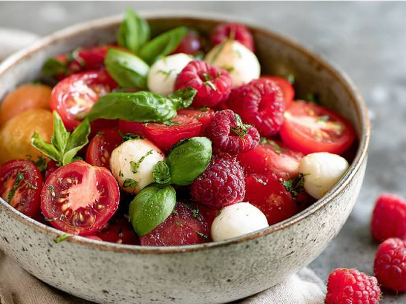 Bowl of tomato and raspberry salad