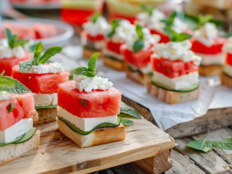 Watermelon and feta bites on a table