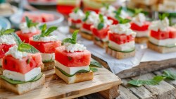 Watermelon and feta bites on a table