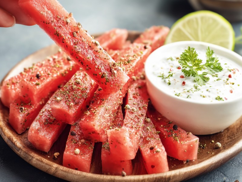 Watermelon fries with dip on a plate. Someone is taking a fry.