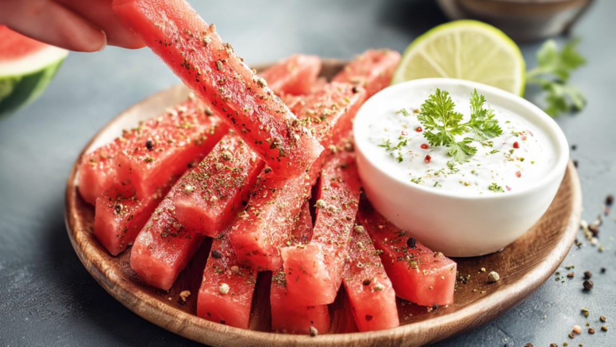 Watermelon fries with dip on a plate. Someone is taking a fry.