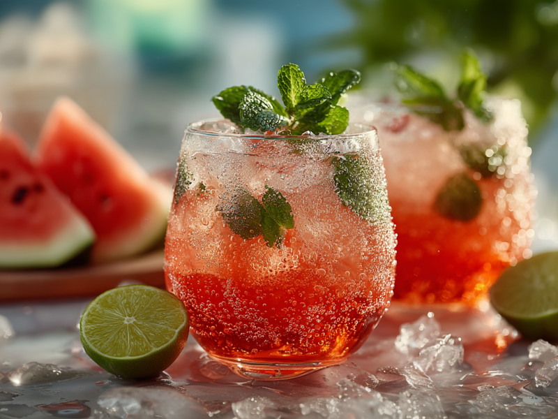 Two glasses of Watermelon Spritz Cocktail are shown. Ice cubes and two lime halves are scattered around them. A cut watermelon can be seen in the background.