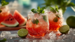 Two glasses of Watermelon Spritz Cocktail are shown. Ice cubes and two lime halves are scattered around them. A cut watermelon can be seen in the background.