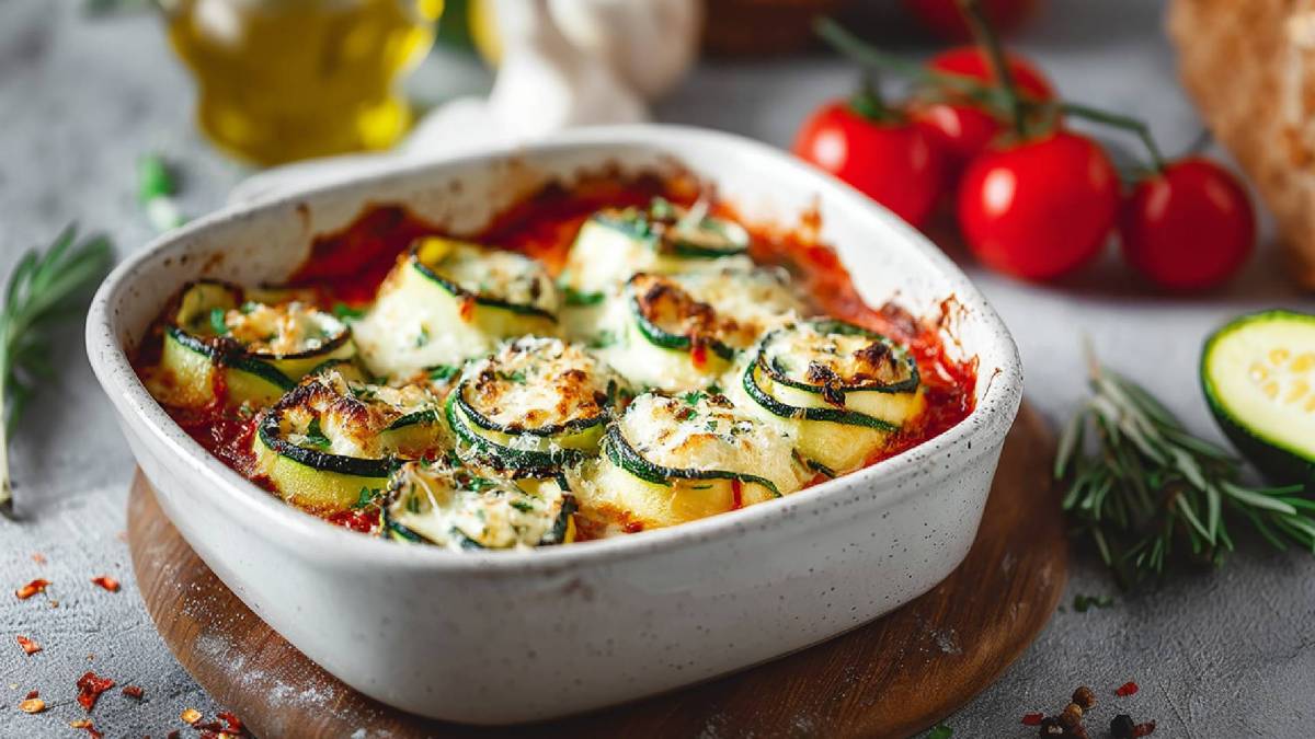 Zucchini cannelloni in tomato sauce in a baking dish
