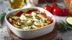 Zucchini cannelloni in tomato sauce in a baking dish