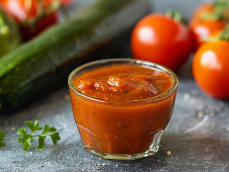 A bowl of zucchini ketchup. Fresh ingredients are arranged around it.