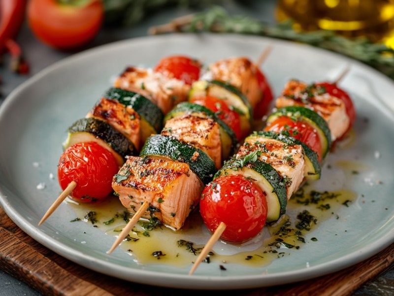 A plate with three zucchini salmon skewers marinated in a herb marinade. The plate is on a dark wooden board. In the background, you can see fresh ingredients like chili peppers, a tomato, sprigs of herbs, and a glass container with olive oil.