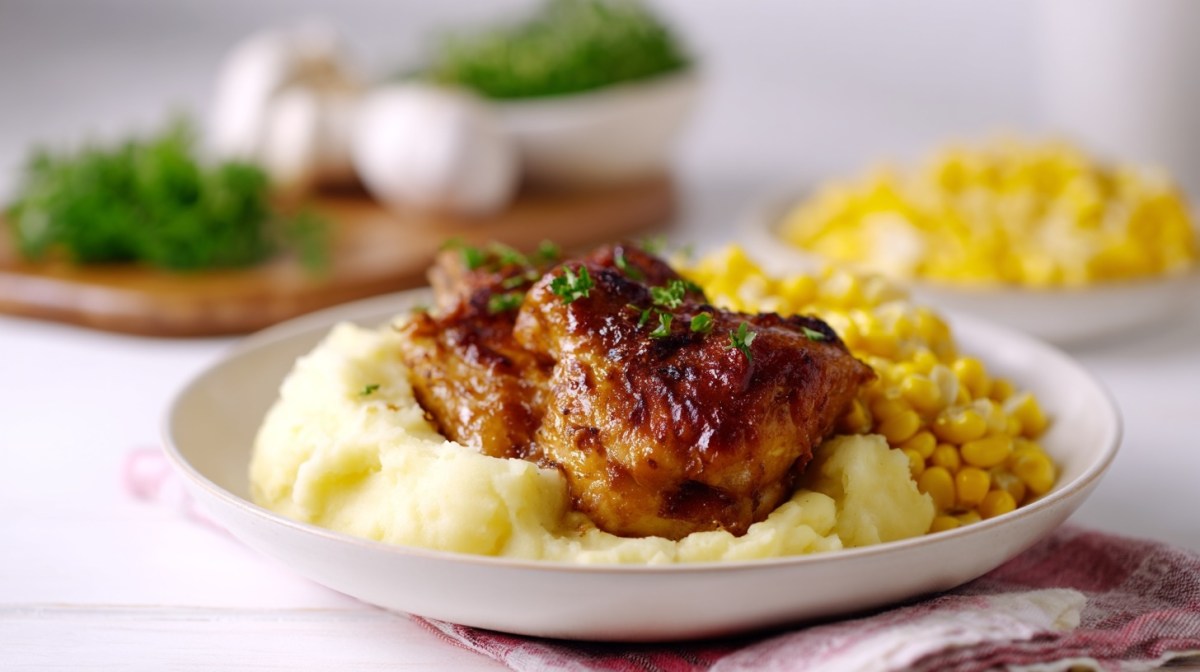 Old Bay baked chicken on a white plate with mashed potatoes and corn with white lighting and a frontal view.