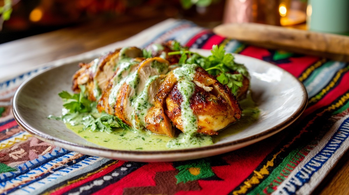 Plated pollo peruano drizzled in bright green sauce with chopped parsley.
