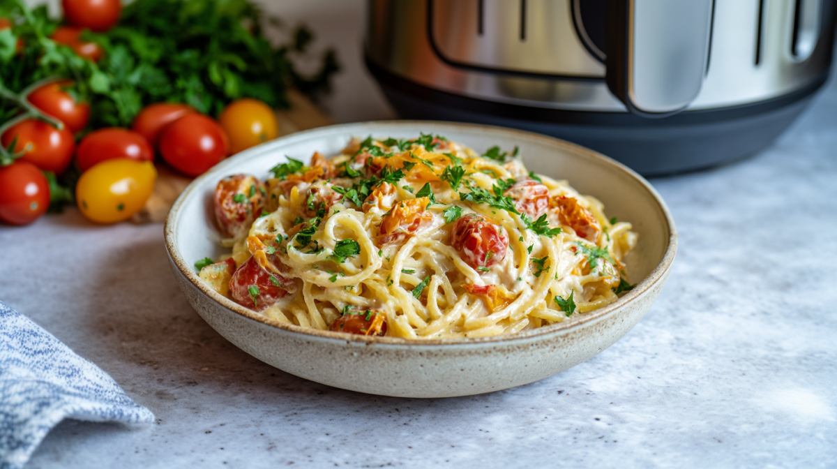 A plate of Air Fryer Baked Feta Pasta. Some fresh tomatoes are on the back left. A hinted air fryer can be seen on the back right.