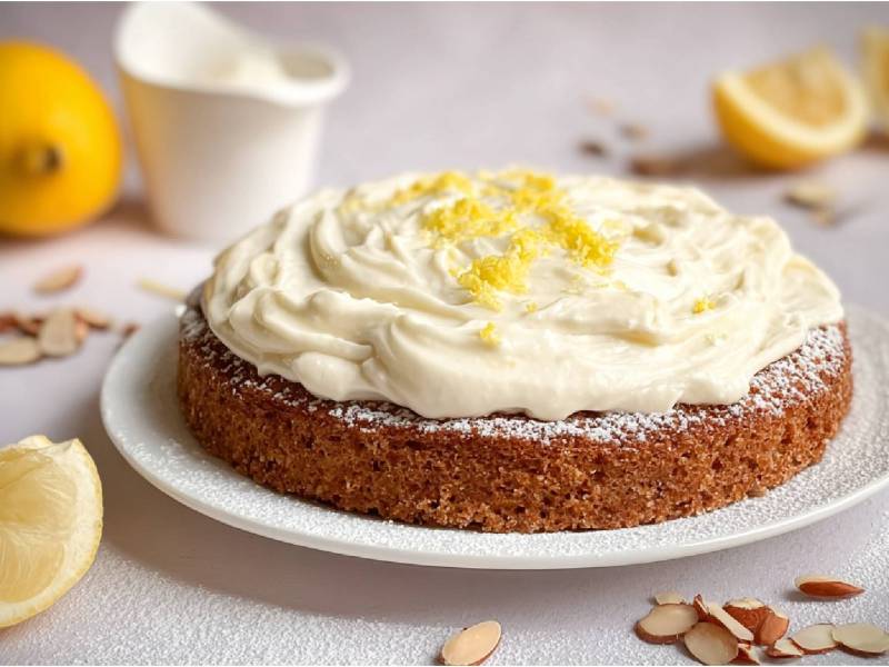 Plate with almond cake with lemon mascarpone cream