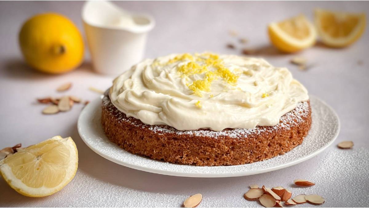 Plate with almond cake with lemon mascarpone cream