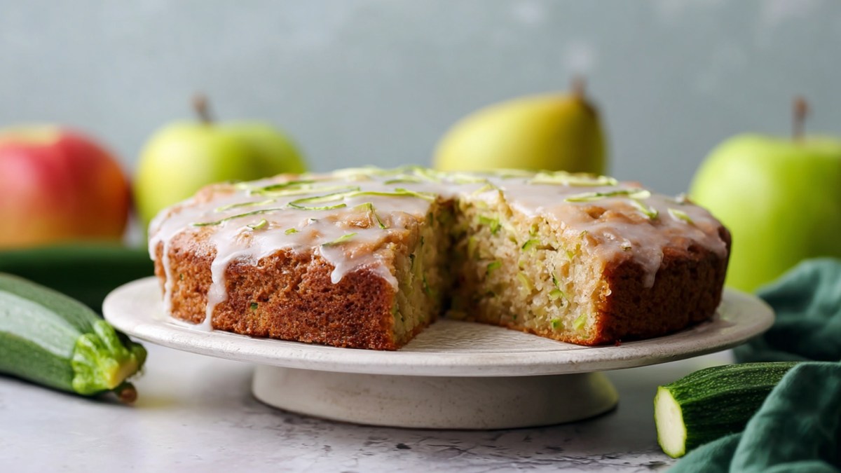 A round apple zucchini cake lying on a cake stand. Fresh apples and zucchini are scattered around.