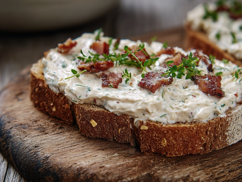 A bread with bacon and cream cheese spread.