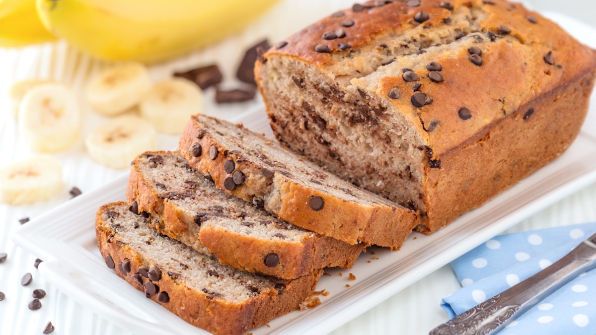 A sliced banana bread with chocolate chips.