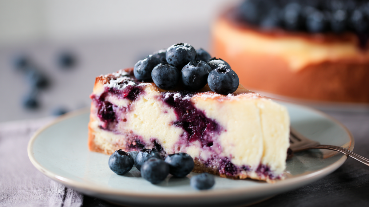 A piece of blueberry sour cream cheesecake.