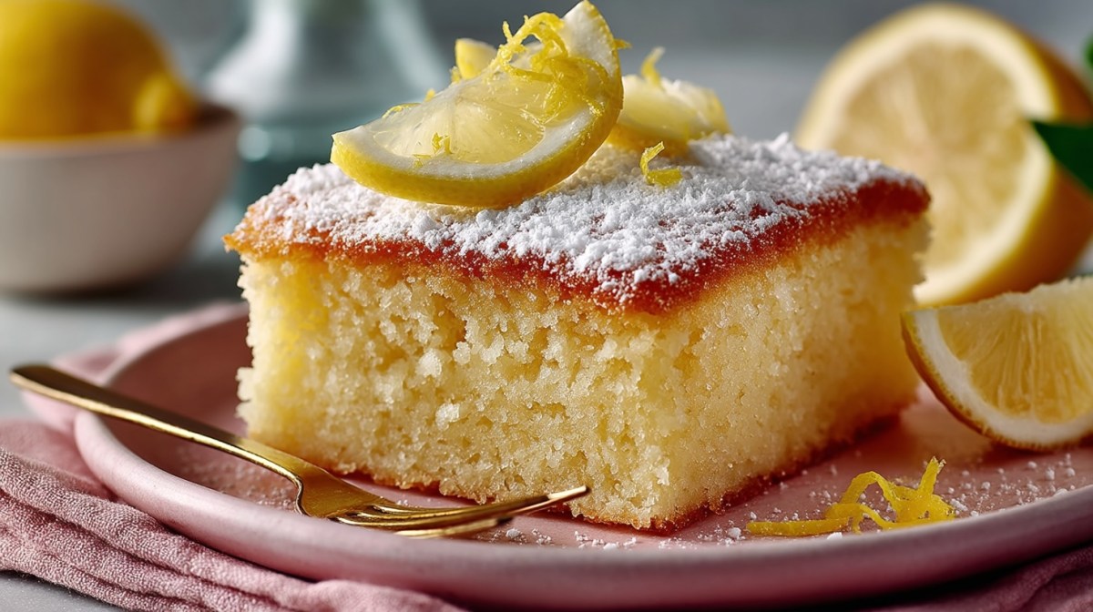 a piece of buttermilk sheet cake with lemon on a plate, garnished with powdered sugar