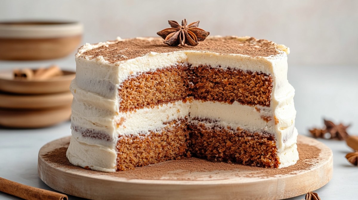 A sliced chai cake with two layers and cream cheese frosting on a round board. Cinnamon sticks and star anise around it.