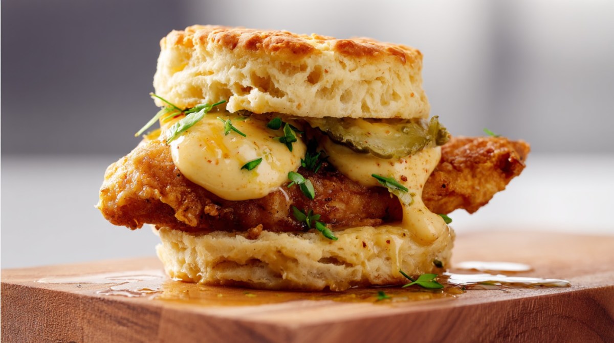 Chicken biscuit on a wooden block with dill pickle slices and sriracha mayo in a full frontal view with white lighting.