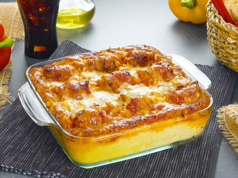 Our Cheesy Chicken Nugget & Mashed Potatoes Casserole is Childhood in a Pan