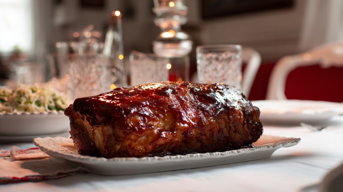 A Coca-Cola glazed pork loin on a plate in the dining room in full frontal view in white lighting.