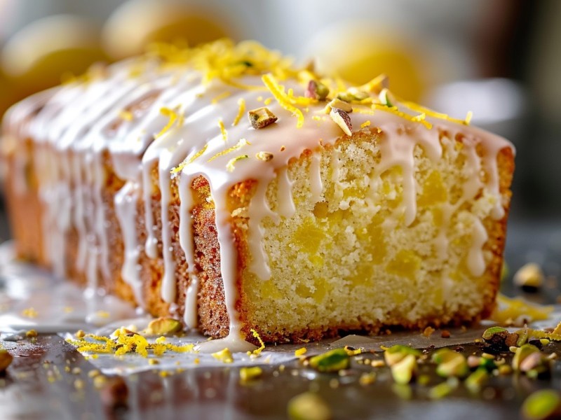 Coconut lemon cake garnished with icing, lemon zest and pistachios.