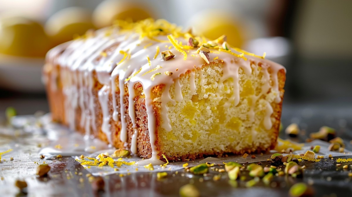 Coconut lemon cake garnished with icing, lemon zest and pistachios.