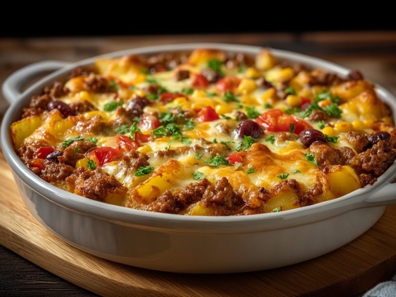 A cowboy casserole in a baking dish. The dish is on a wooden board on a dark surface. A kitchen towel lies to the right of the image.