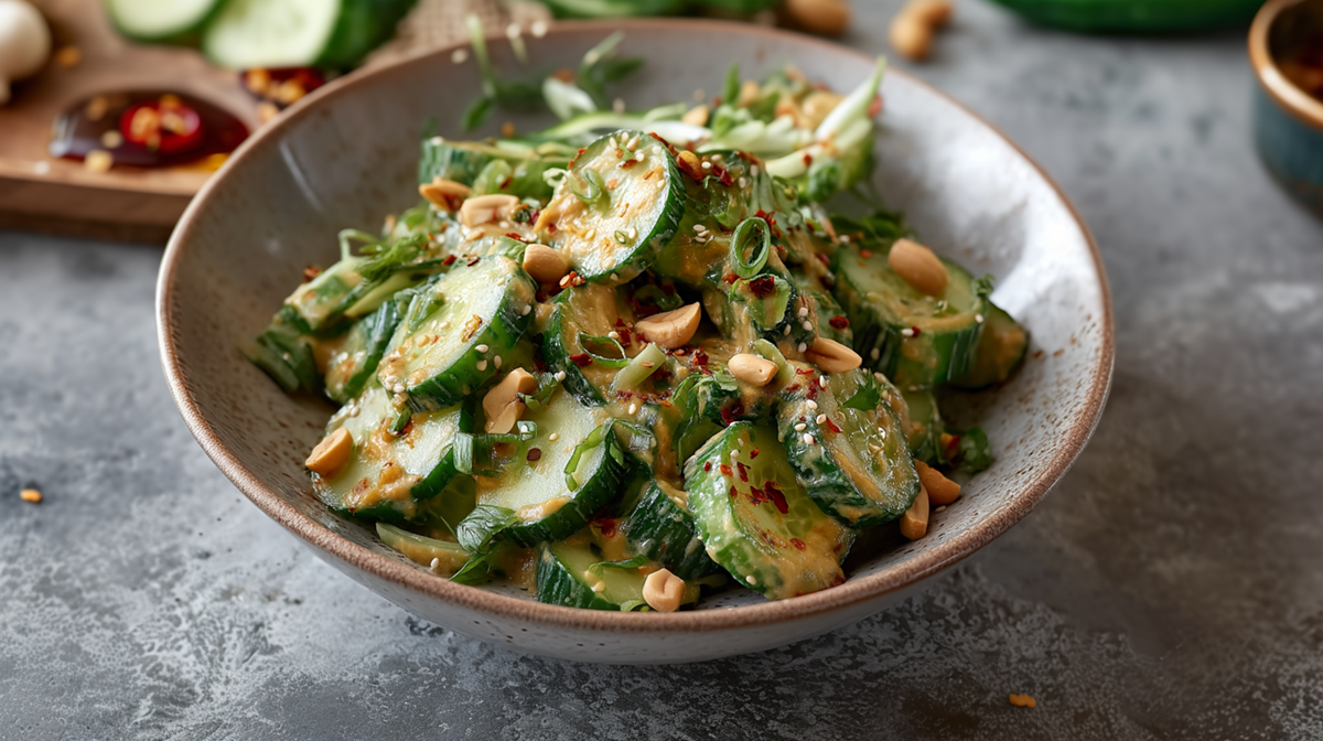 A bowl of cucumber salad with peanut dressing.