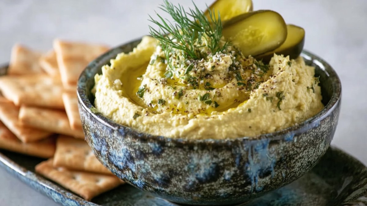 A bowl of dill pickle hummus. Crackers are in the background.