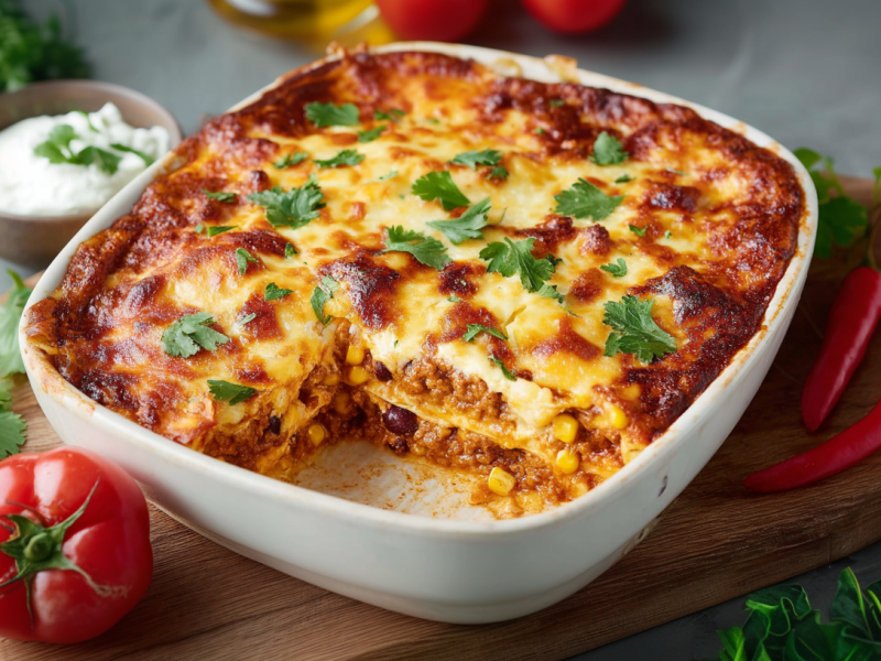 A sliced enchilada casserole in a baking dish on a wooden board. Next to the casserole is a tomato, two chilies, and fresh herbs. In a bowl behind it is some cream cheese.